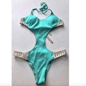 Victoria's Secret Seafoam Glow Aqua Crochet Sides Monokini One Piece Swim Suit L